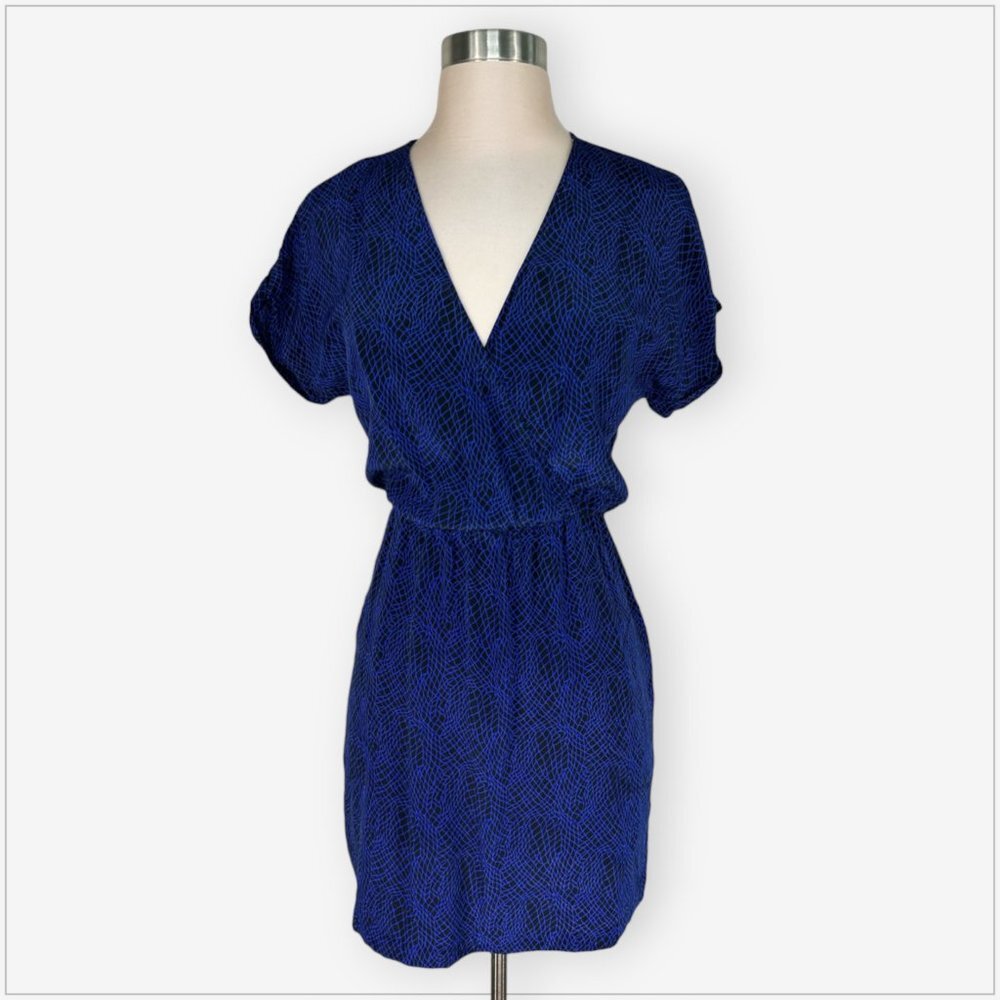 Barney NY Co-Op Black Blue Snake Print Silk Elastic Waist Blouson Mini Dress M